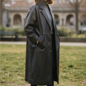 Women’sBlack Leather Long Coat trench Classic Chic Minimalist Capsule Timeless L